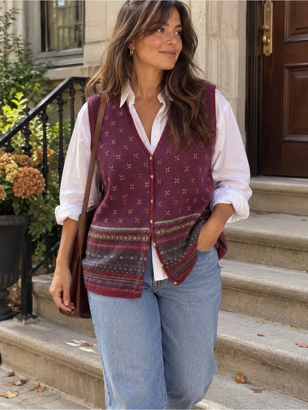 Vintage 90s White Stag Embroidered Fair Isle Folk Sweater Vest Ramie Cotton Plus